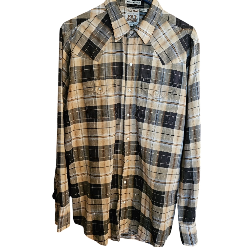 VINTAGE Ely Cattleman Shirt L/ Tall Plaid Pearl Snap Buttons